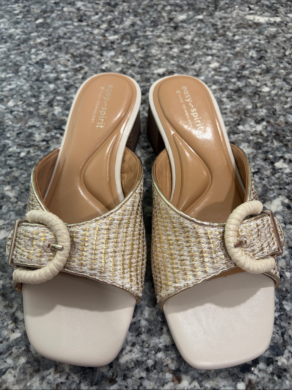 Easy Spirit Cream and Tan Woven Buckle Mules